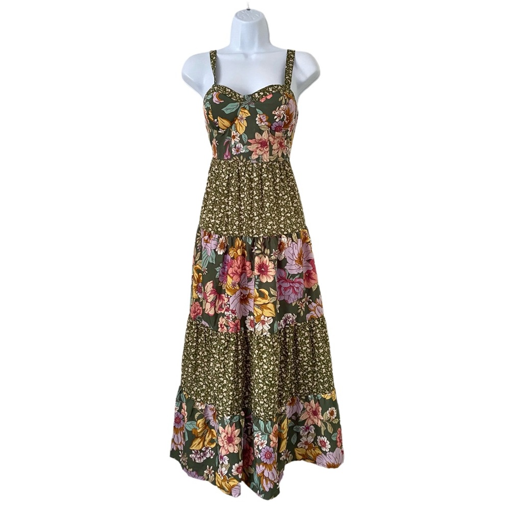 Olive Green Floral Maxi Dress with Tiered Skirt - Picture 3 of 11